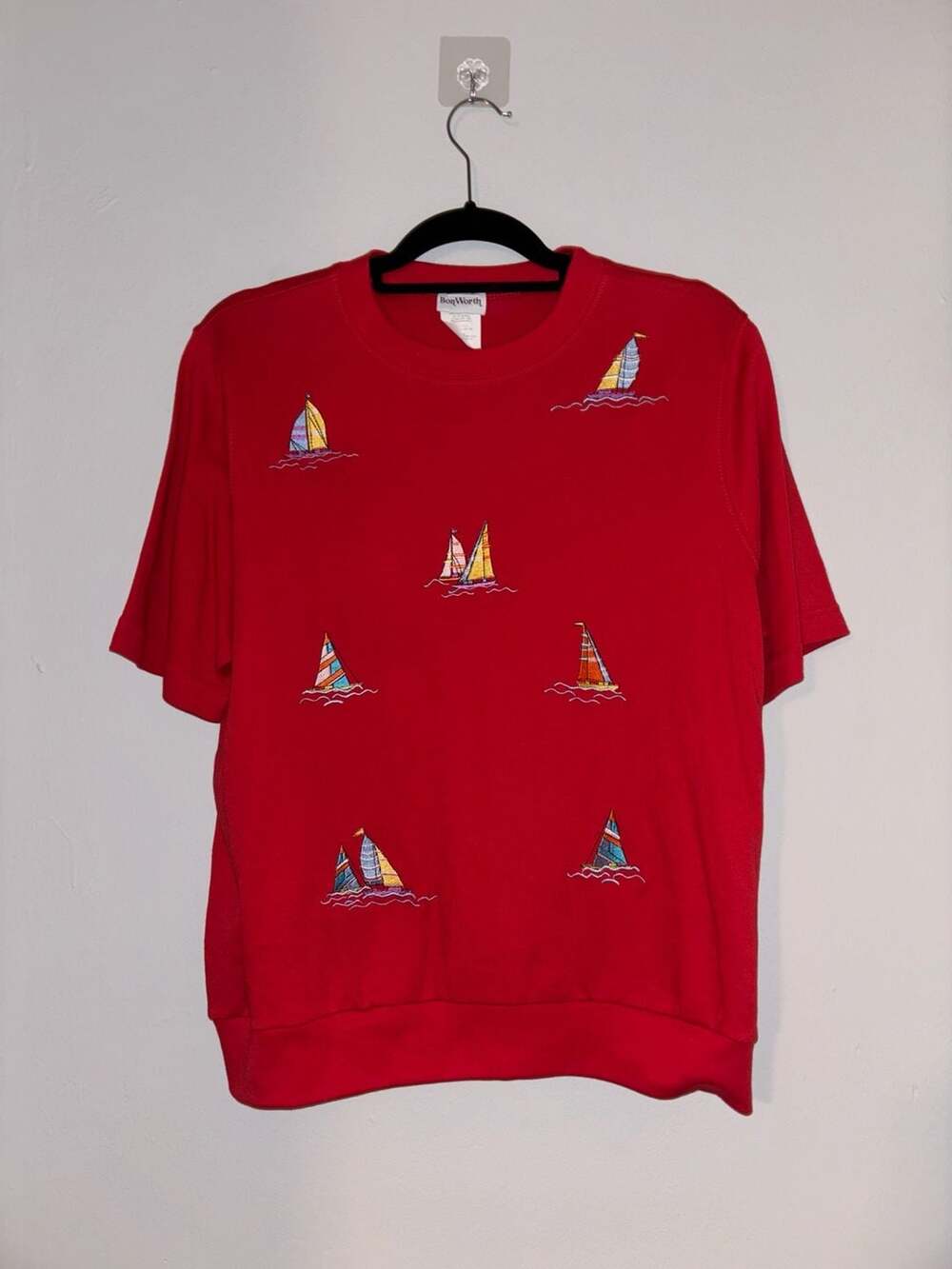 BonWorth Red Short Sleeve
Sweatshirt with Sailboat Embroidery